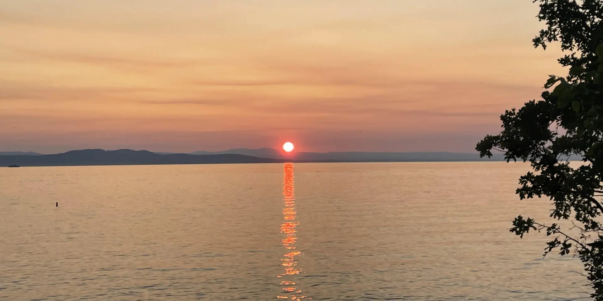Sun setting over a calm lake behind low mountain ridges, its light shimmering across the water with a tree framing the right side